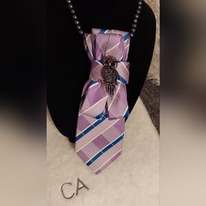 Purple and Blue Striped Tie with Brooch
